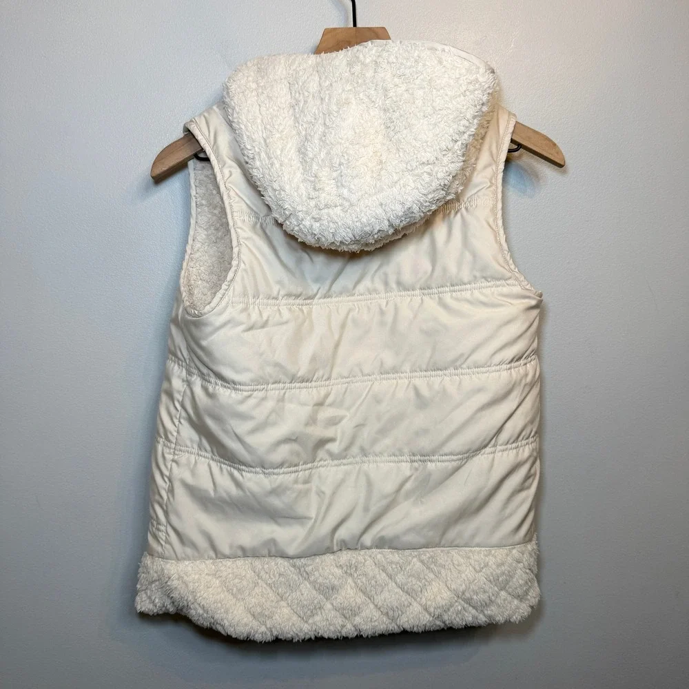 Patagonia Women's Hooded Reversible Puffer Vest Cream Fleece Lined Size X-Small - Picture 5 of 8